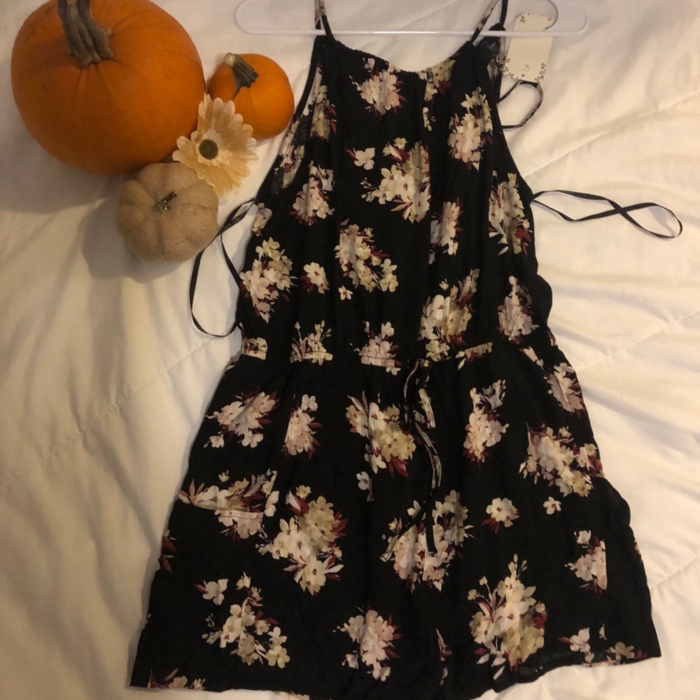 Black Floral Romper with Cinched Waist